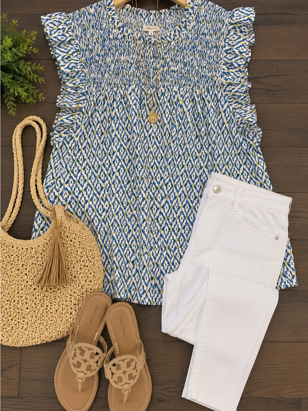 JODIFL Blue, Yellow and White Patterned Ruffle Sleeve Blouse - Picture 2 of 4